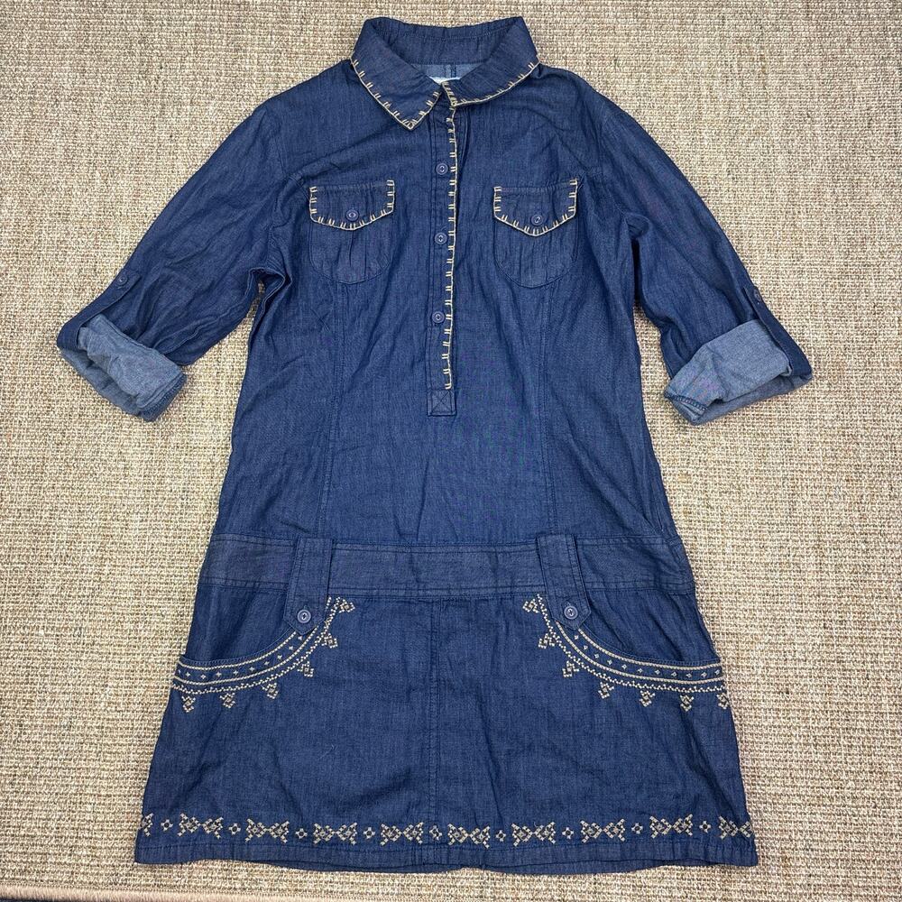 🌀 Flying Tomato | Size Medium | Dark Denim Embroidered Dropwaist Shirt Dress